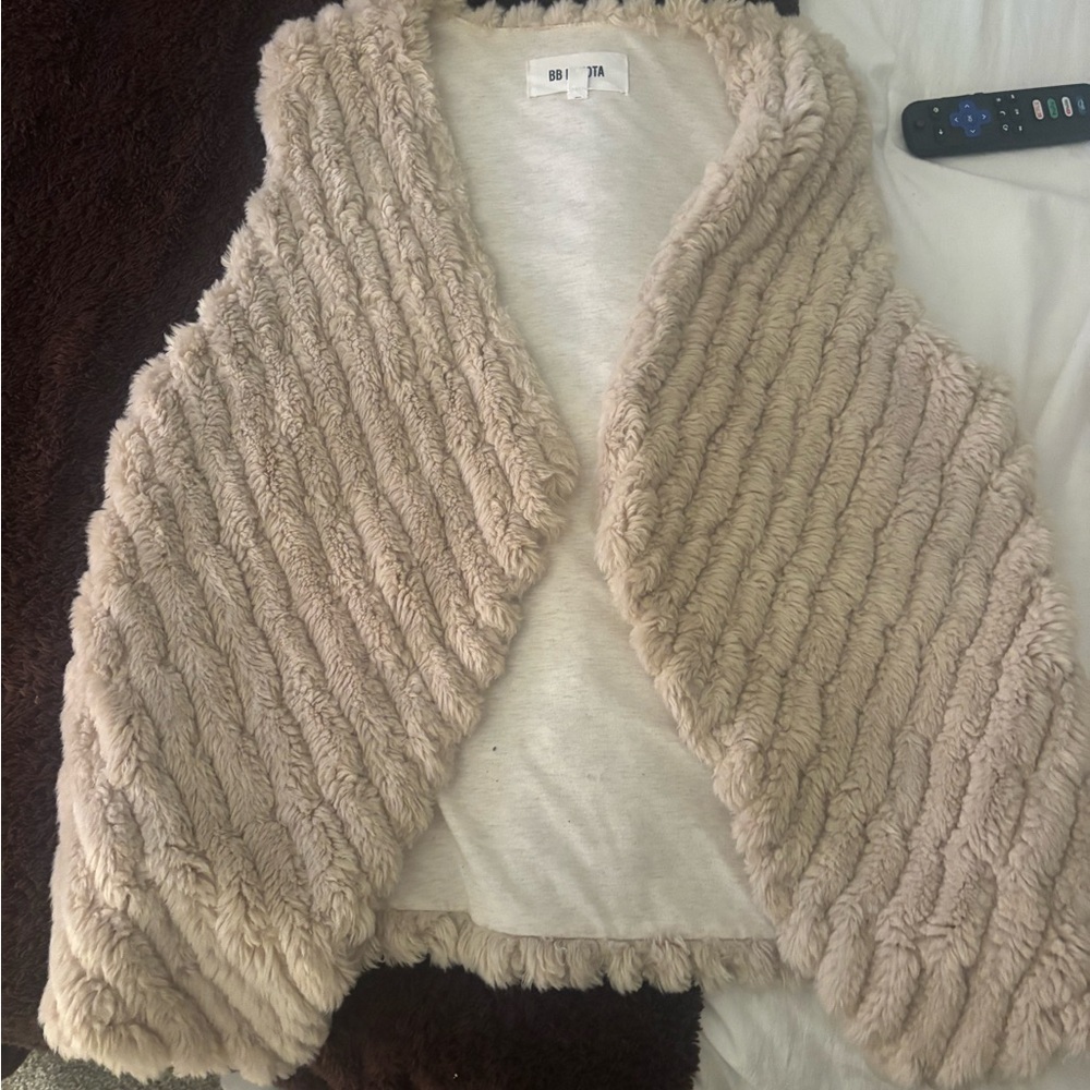 BB Dakota Plush Faux Fur Shawl Collar Jacket in Taupe